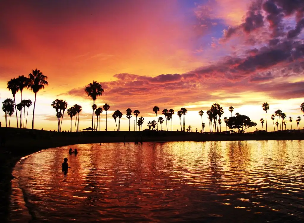 One of the beautiful places in San Diego: Sunset over Mission Bay, California, with palm trees silhouetted against a vibrant sky and reflections in the calm water
